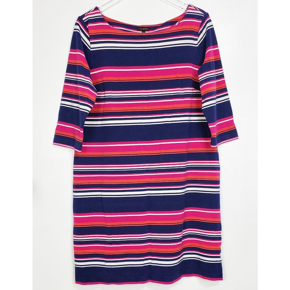 Talbots size 16 striped pullover shift dress 3/4 sleeve navy pink stretch casual